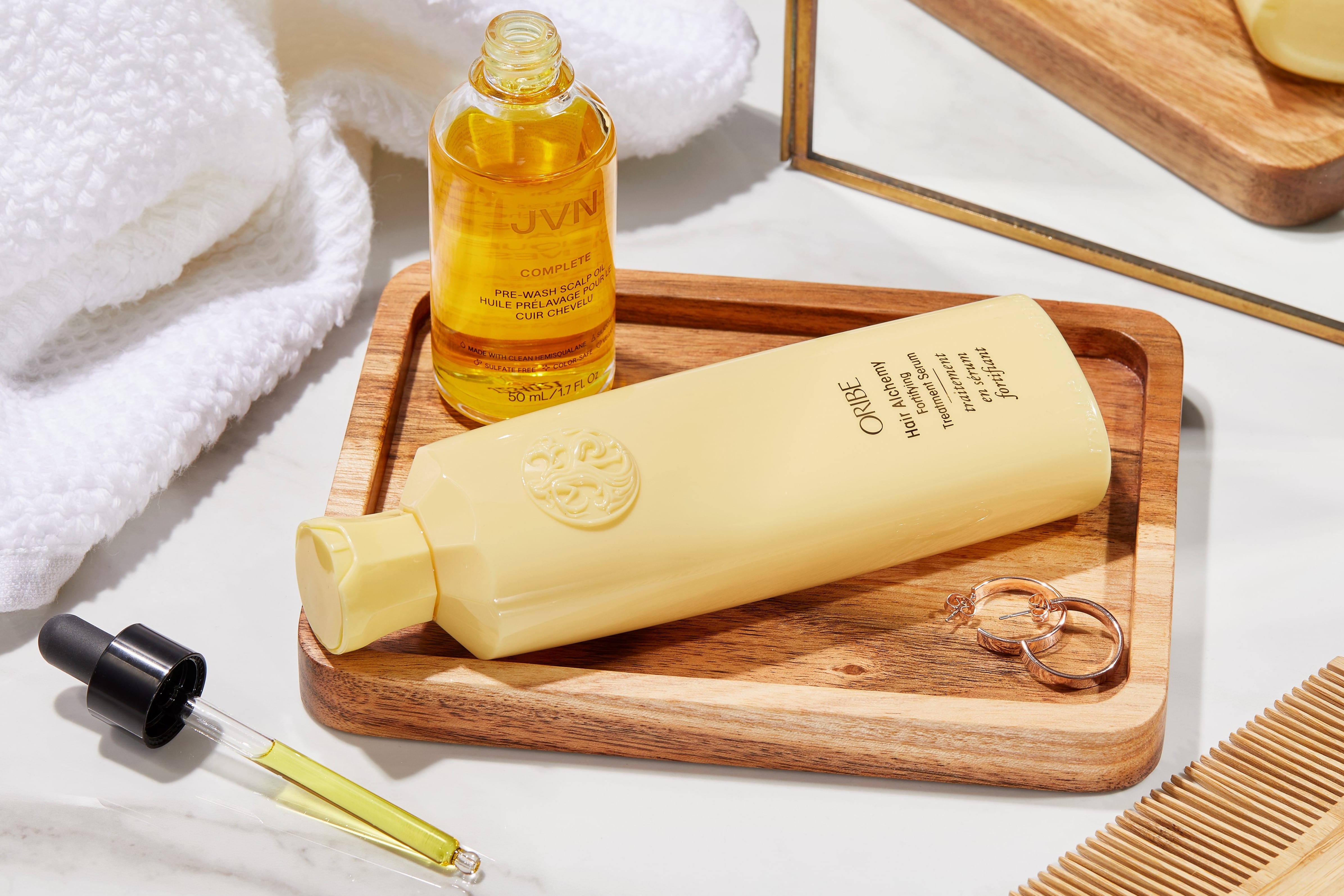 The Skinification of Hair | JVN Scalp Oil and Oribe Hair Alchemy Fortifying Treatment | Space NK