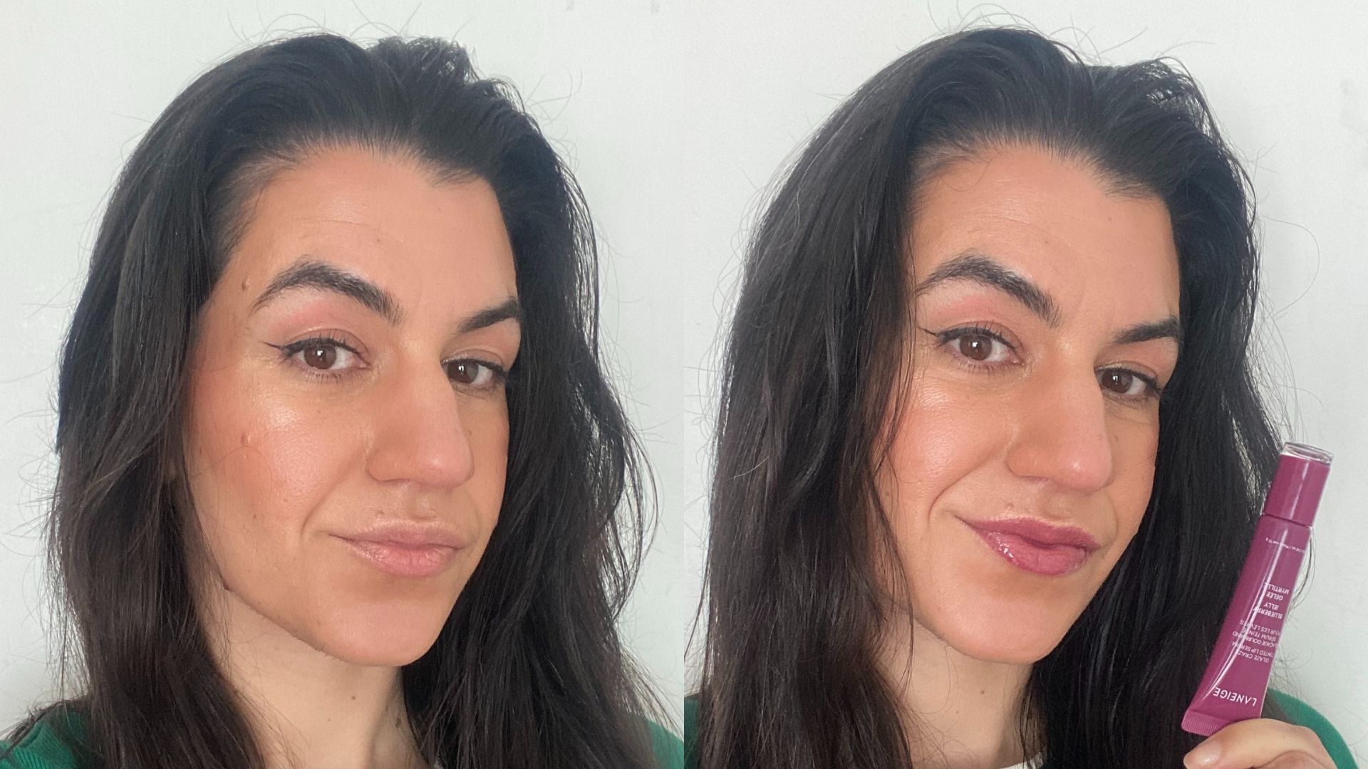 Vanessa before and after using Laneige Glaze Craze Tinted Lip Serum | Space NK Vanessa before and after using Laneige Glaze Craze Tinted Lip Serum | Space NK