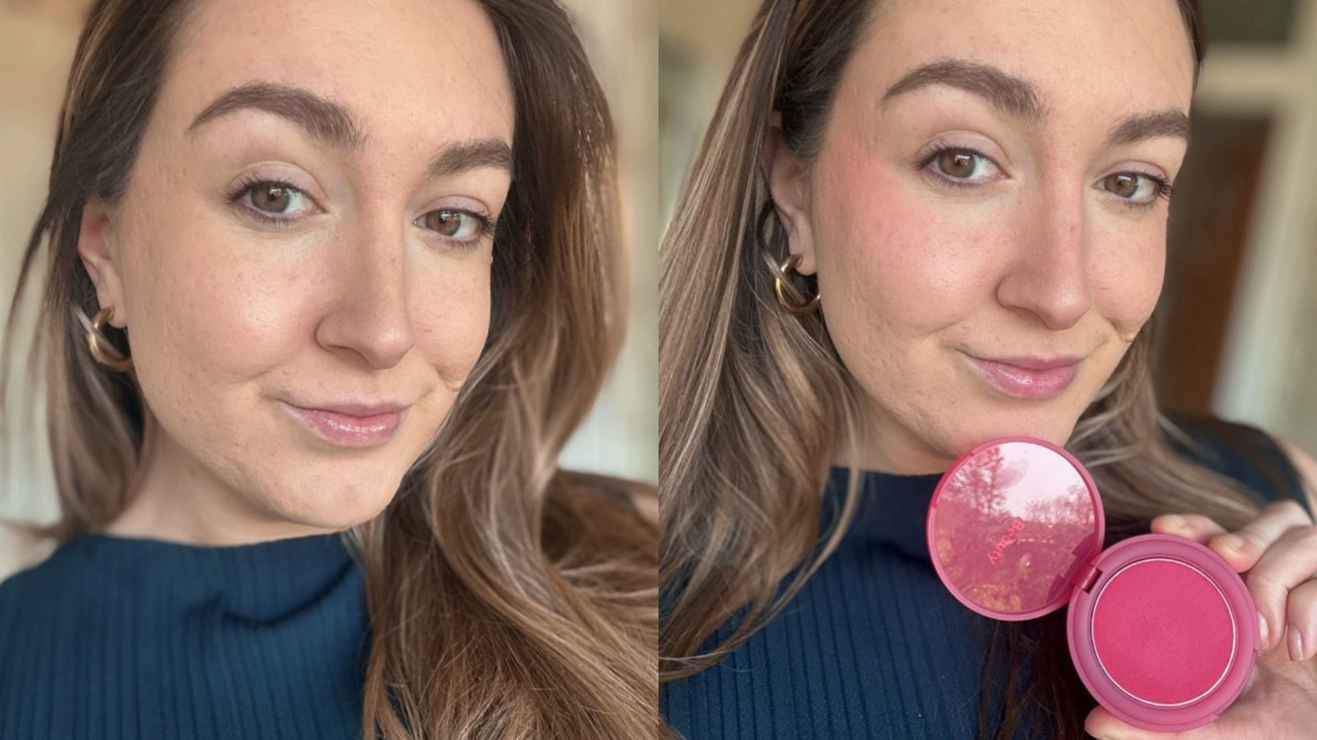 Shawnee before and after using Rare Beauty Bouncy Blush