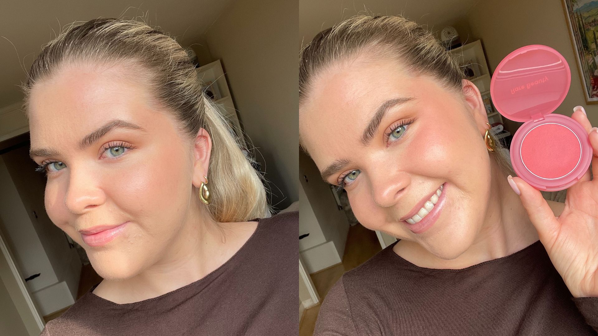 Victoria before and after using Rare Beauty Bouncy Blush Victoria before and after using Rare Beauty Bouncy Blush