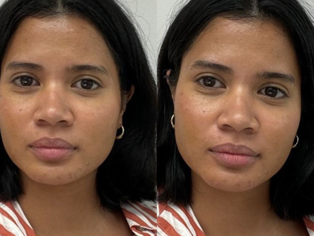 Hanitra before and after Rare Beauty brow gel | Space NK