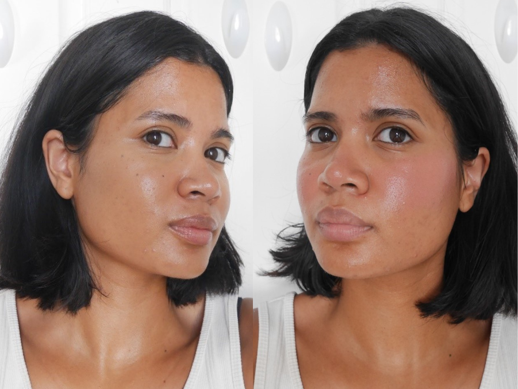 Rare Beauty Liquid Blush in Hope before and after | Space NK